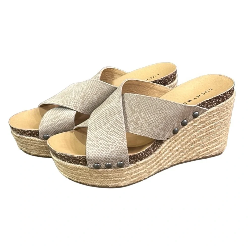 Lucky Brand Women's Neeka Wedge Espadrille Cork Tan Leather Slip On 7.5